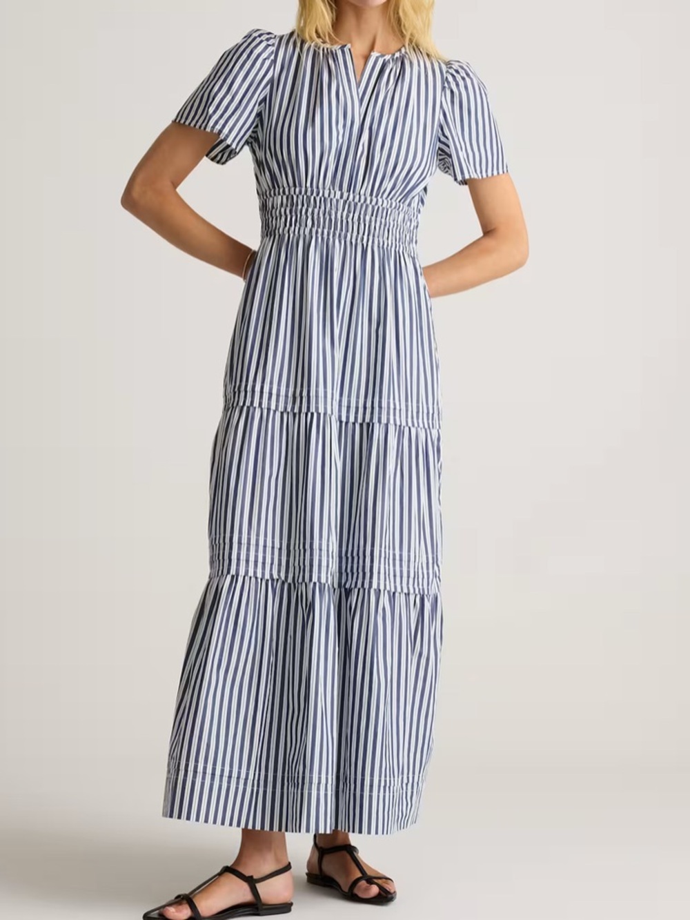 Quince 100% Organic Cotton Poplin Tiered Maxi Dress Hudson Stripe Small